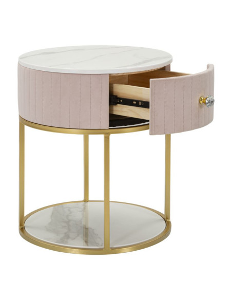 Chevet moderne 1 tiroir 1 étagère en Velours Rose Métal Doré Bois de pin Blanc Effet marbre Montpellier Mauro Ferretti - 3