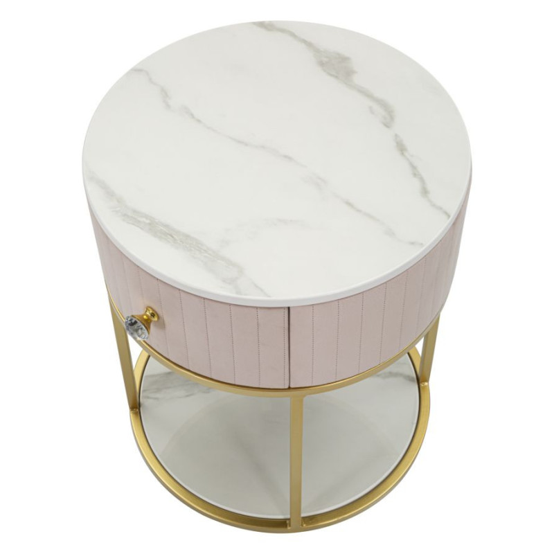 Chevet moderne 1 tiroir 1 étagère en Velours Rose Métal Doré Bois de pin Blanc Effet marbre Montpellier Mauro Ferretti - 4