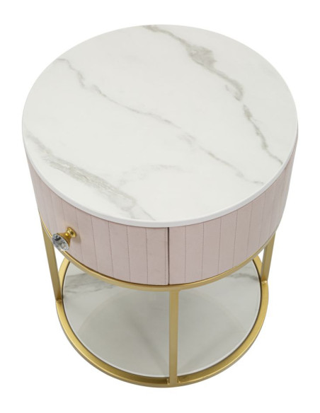 Chevet moderne 1 tiroir 1 étagère en Velours Rose Métal Doré Bois de pin Blanc Effet marbre Montpellier Mauro Ferretti - 4