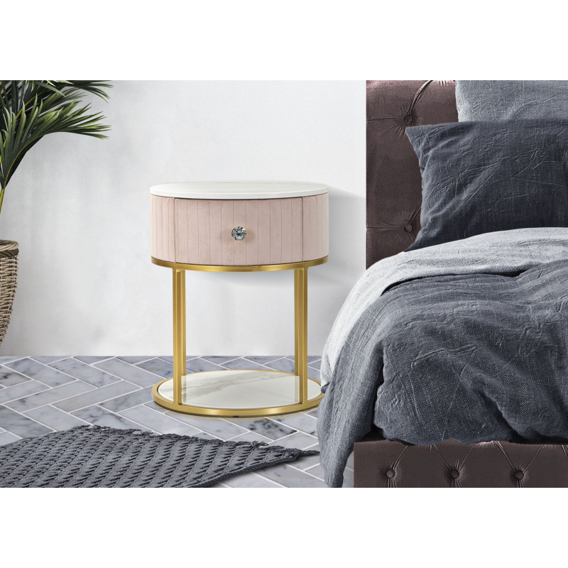 Chevet moderne 1 tiroir 1 étagère en Velours Rose Métal Doré Bois de pin Blanc Effet marbre Montpellier Mauro Ferretti - 2