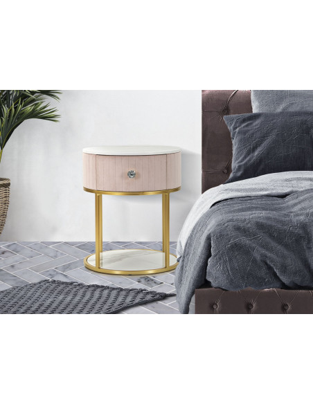 Chevet moderne 1 tiroir 1 étagère en Velours Rose Métal Doré Bois de pin Blanc Effet marbre Montpellier Mauro Ferretti - 2