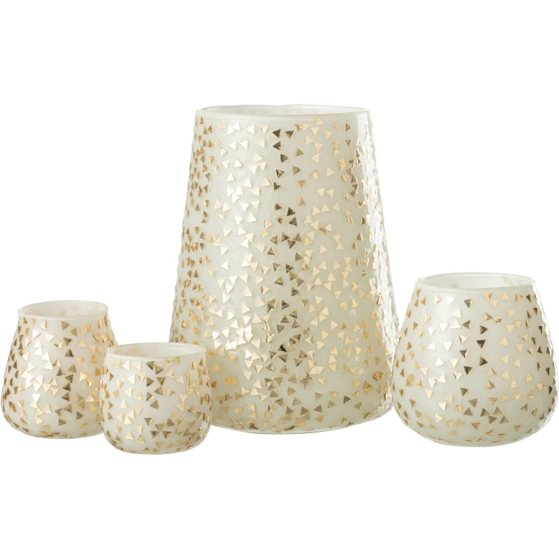 Photophore XL en verre blanc motif Triangles dorés H23 cm - 4