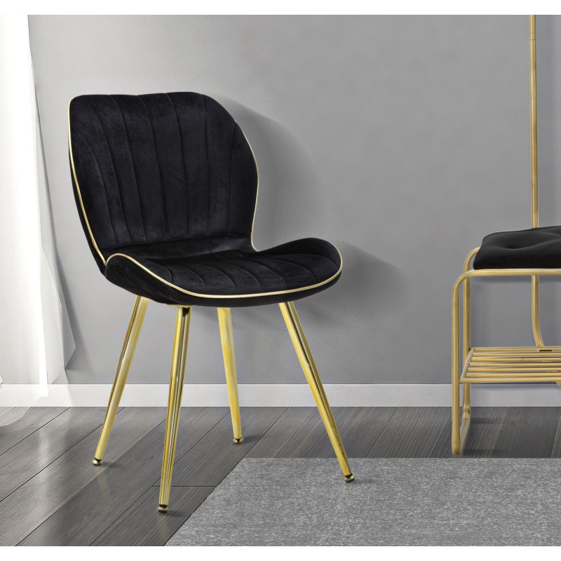 Chaise moderne en Velours Noir Métal Doré Paris (Lot de 2) 