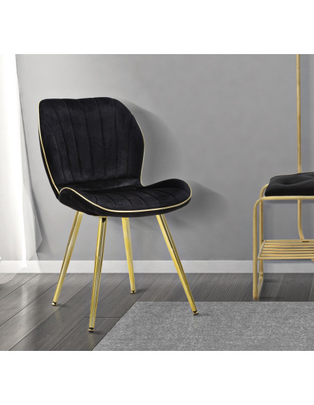 Chaise moderne en Velours Noir Métal Doré Paris (Lot de 2) 