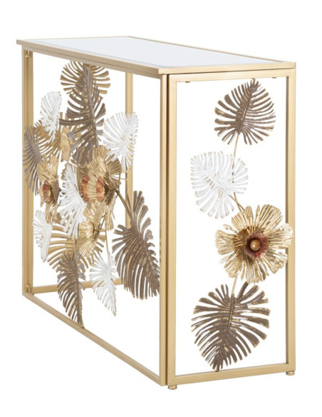 Console moderne Rectangulaire en Métal Doré Miroir Motif feuilles Floris 