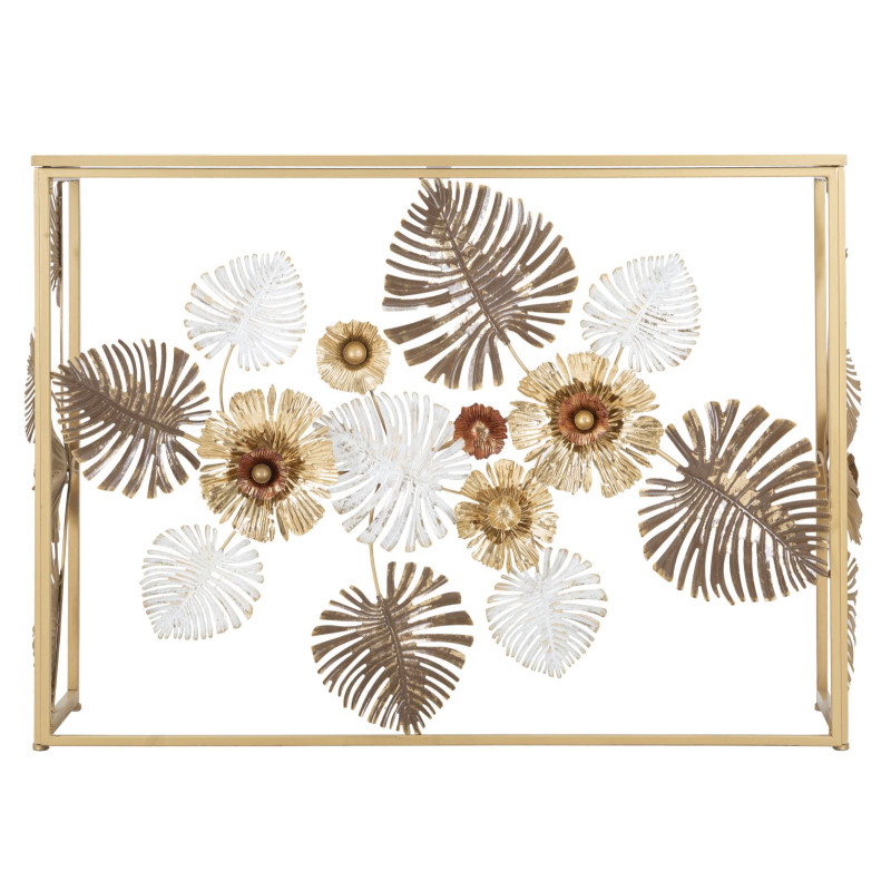 Console moderne Rectangulaire en Métal Doré Miroir Motif feuilles Floris 
