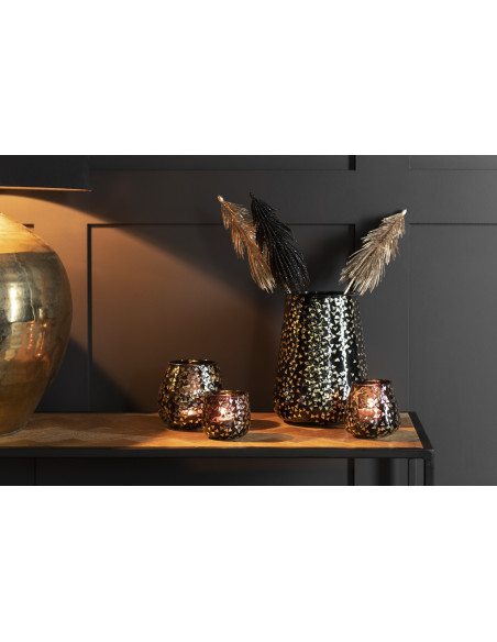 Photophore en verre noir motif Triangles dorés 9 cm - 2