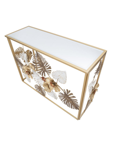 Console moderne Rectangulaire en Métal Doré Miroir Motif feuilles Floris 