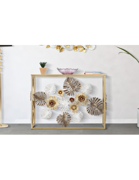 Console moderne Rectangulaire en Métal Doré Miroir Motif feuilles Floris 