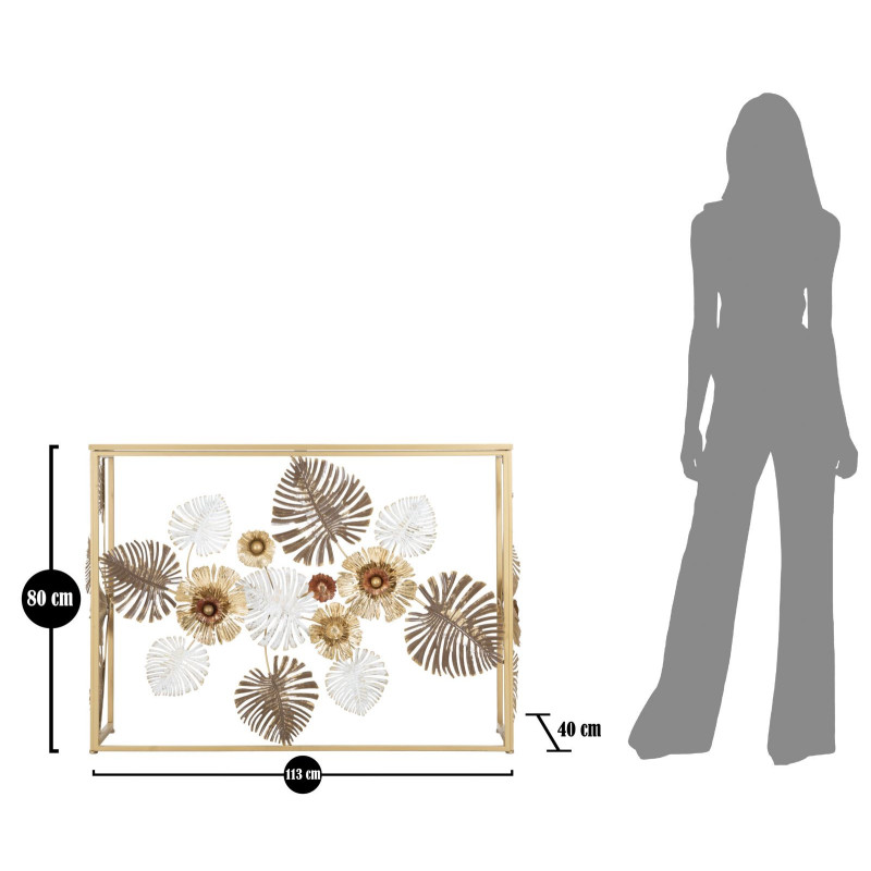 Console moderne Rectangulaire en Métal Doré Miroir Motif feuilles Floris 