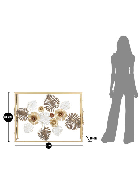 Console moderne Rectangulaire en Métal Doré Miroir Motif feuilles Floris 