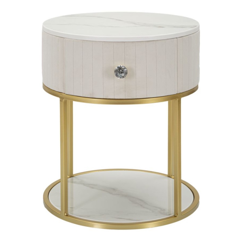 Chevet moderne 1 tiroir 1 étagère en Velours Blanc crème Métal Doré Bois de pin Blanc Effet marbre Montpellier Mauro Ferretti - 