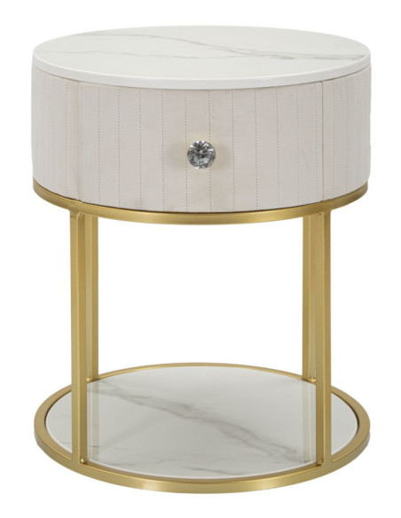 Chevet moderne 1 tiroir 1 étagère en Velours Blanc crème Métal Doré Bois de pin Blanc Effet marbre Montpellier Mauro Ferretti - 