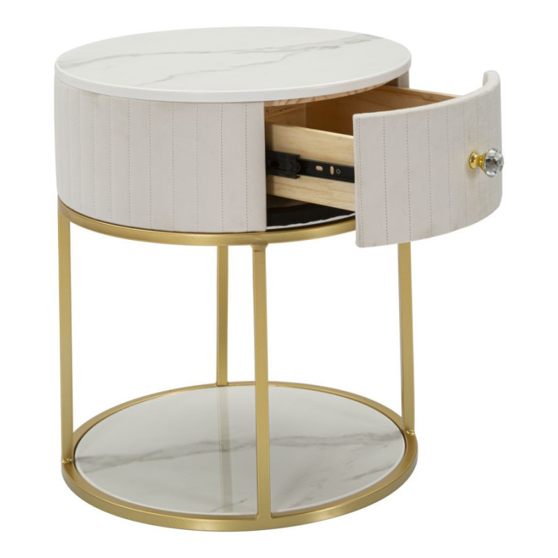 Chevet moderne 1 tiroir 1 étagère en Velours Blanc crème Métal Doré Bois de pin Blanc Effet marbre Montpellier Mauro Ferretti - 