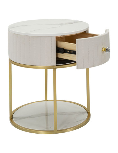 Chevet moderne 1 tiroir 1 étagère en Velours Blanc crème Métal Doré Bois de pin Blanc Effet marbre Montpellier Mauro Ferretti - 