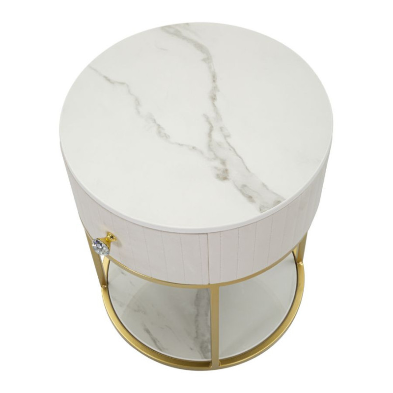 Chevet moderne 1 tiroir 1 étagère en Velours Blanc crème Métal Doré Bois de pin Blanc Effet marbre Montpellier Mauro Ferretti - 