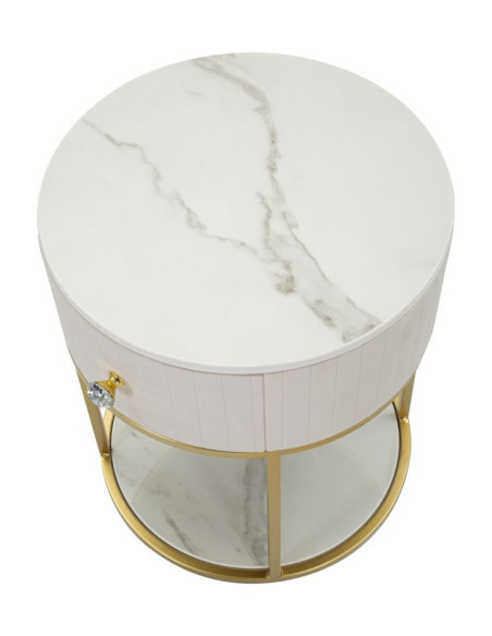 Chevet moderne 1 tiroir 1 étagère en Velours Blanc crème Métal Doré Bois de pin Blanc Effet marbre Montpellier Mauro Ferretti - 