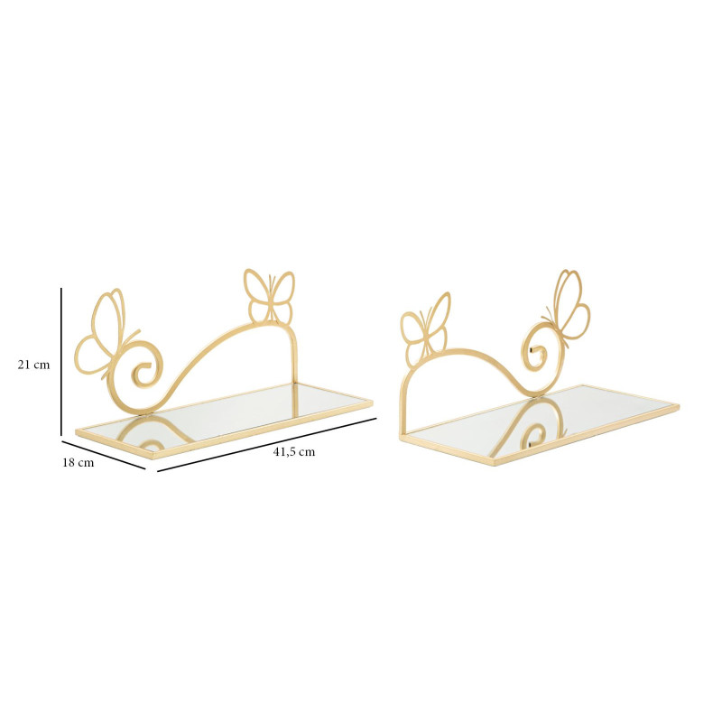 Étagère murale originale Papillons en Métal Doré Miroir Butterfly (Lot de 2) 