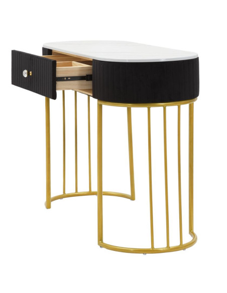 Console moderne Arrondie 1 tiroir en Velours Noir Métal Doré Bois Blanc Effet marbre Montpellier 