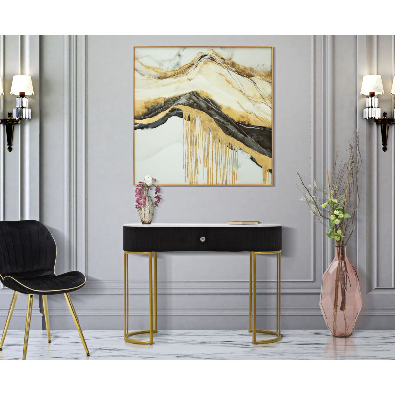 Console moderne Arrondie 1 tiroir en Velours Noir Métal Doré Bois Blanc Effet marbre Montpellier 