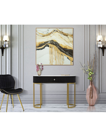 Console moderne Arrondie 1 tiroir en Velours Noir Métal Doré Bois Blanc Effet marbre Montpellier 