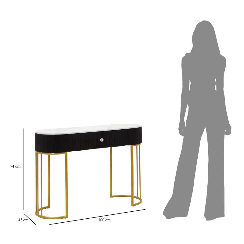 Console moderne Arrondie 1 tiroir en Velours Noir Métal Doré Bois Blanc Effet marbre Montpellier 