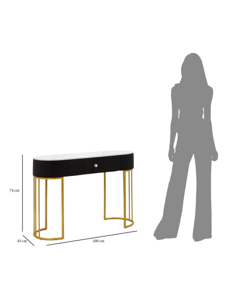 Console moderne Arrondie 1 tiroir en Velours Noir Métal Doré Bois Blanc Effet marbre Montpellier 