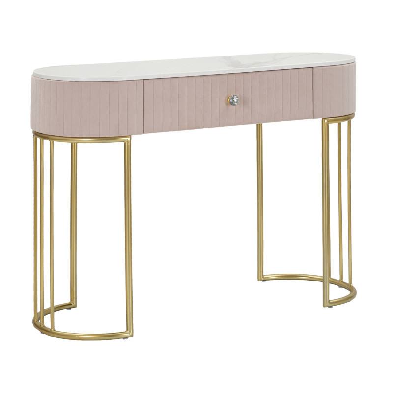 Console moderne Arrondie 1 tiroir en Velours Rose Métal Doré Bois de pin Blanc Effet marbre Montpellier 