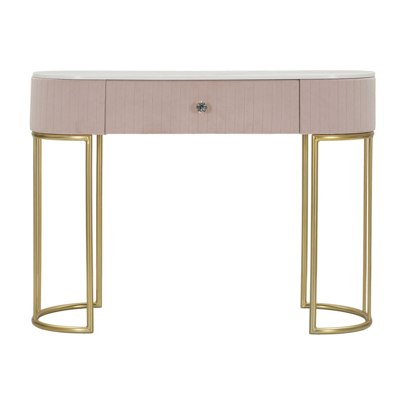 Console moderne Arrondie 1 tiroir en Velours Rose Métal Doré Bois de pin Blanc Effet marbre Montpellier 