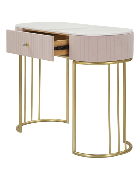 Console moderne Arrondie 1 tiroir en Velours Rose Métal Doré Bois de pin Blanc Effet marbre Montpellier 