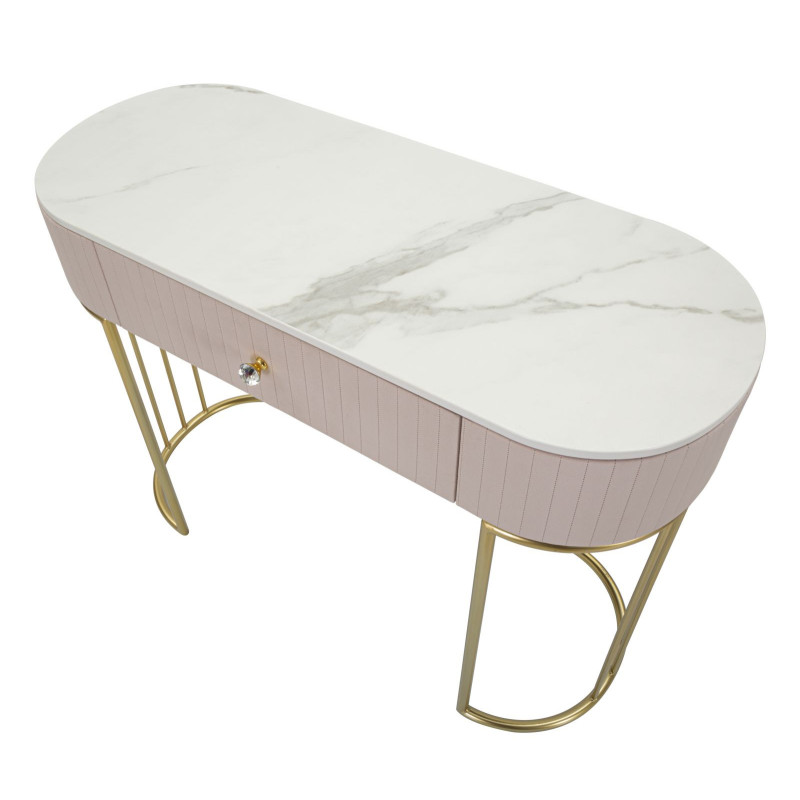 Console moderne Arrondie 1 tiroir en Velours Rose Métal Doré Bois de pin Blanc Effet marbre Montpellier 