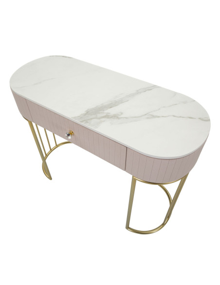 Console moderne Arrondie 1 tiroir en Velours Rose Métal Doré Bois de pin Blanc Effet marbre Montpellier 