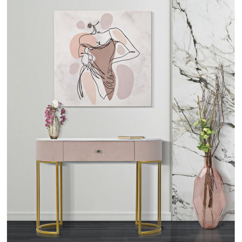 Console moderne Arrondie 1 tiroir en Velours Rose Métal Doré Bois de pin Blanc Effet marbre Montpellier 