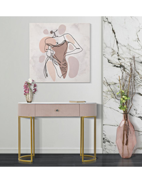 Console moderne Arrondie 1 tiroir en Velours Rose Métal Doré Bois de pin Blanc Effet marbre Montpellier 