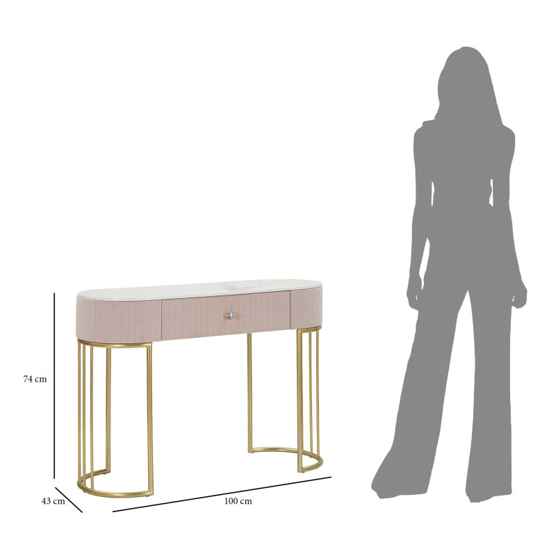 Console moderne Arrondie 1 tiroir en Velours Rose Métal Doré Bois de pin Blanc Effet marbre Montpellier 