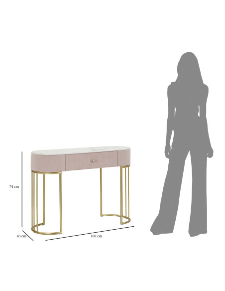 Console moderne Arrondie 1 tiroir en Velours Rose Métal Doré Bois de pin Blanc Effet marbre Montpellier 
