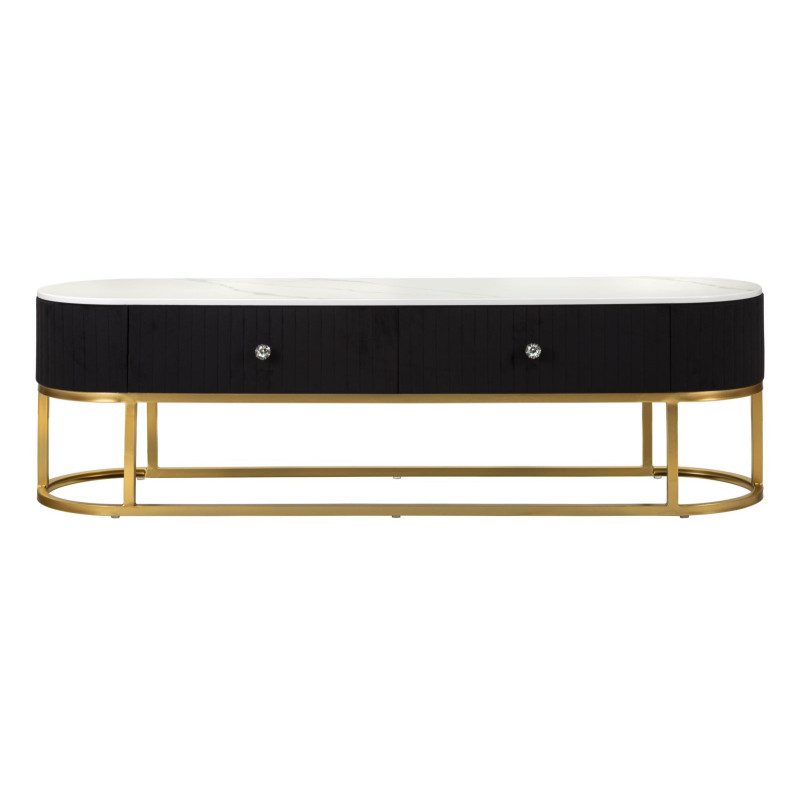 Meuble tv moderne 2 tiroirs en Velours Noir Métal Doré Bois Blanc Effet marbre Montpellier 