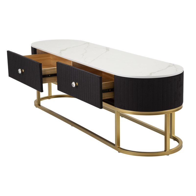 Meuble tv moderne 2 tiroirs en Velours Noir Métal Doré Bois Blanc Effet marbre Montpellier 