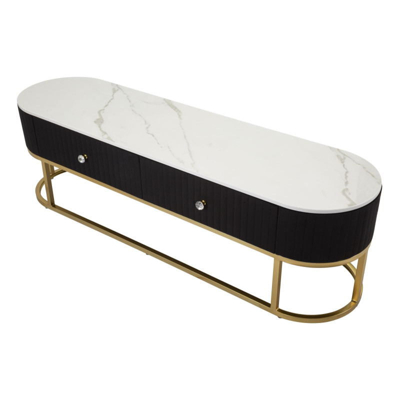 Meuble tv moderne 2 tiroirs en Velours Noir Métal Doré Bois Blanc Effet marbre Montpellier 