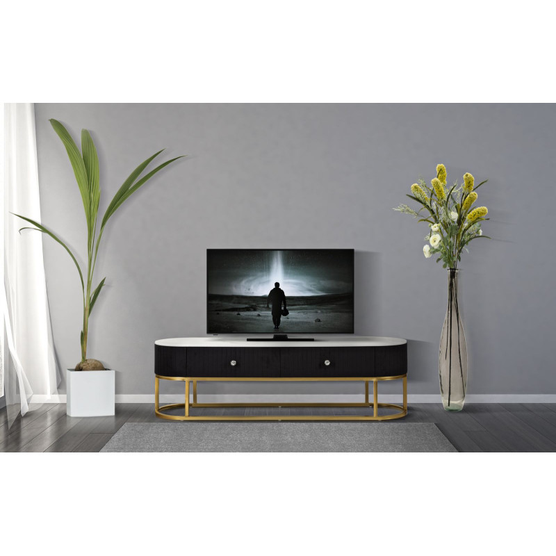 Meuble tv moderne 2 tiroirs en Velours Noir Métal Doré Bois Blanc Effet marbre Montpellier 