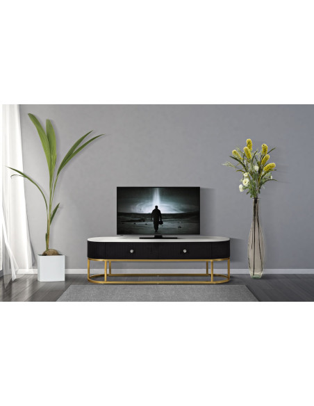 Meuble tv moderne 2 tiroirs en Velours Noir Métal Doré Bois Blanc Effet marbre Montpellier 