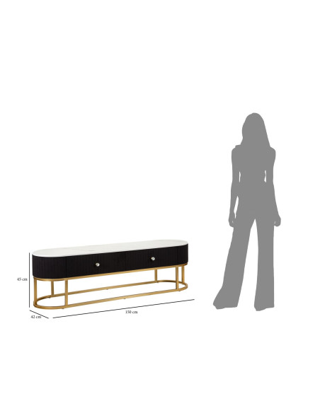 Meuble tv moderne 2 tiroirs en Velours Noir Métal Doré Bois Blanc Effet marbre Montpellier 