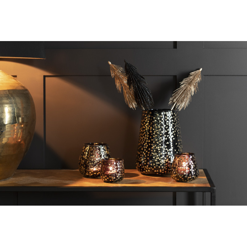 Photophore XL en verre noir motif Triangles dorés H23 cm - 2