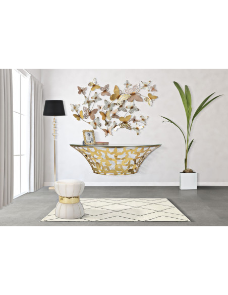 Console murale originale Papillons Demi lune en Métal Doré Verre Butterflies 