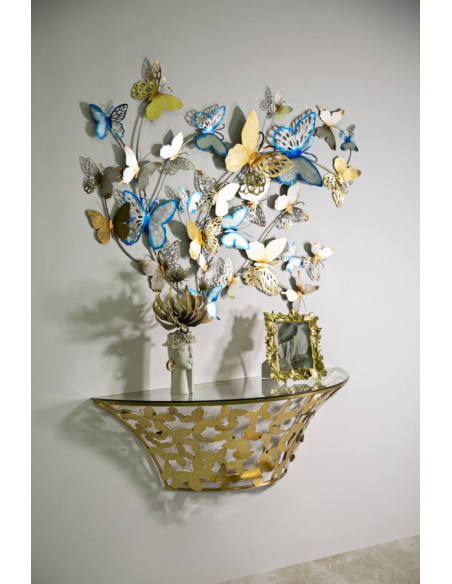 Console murale originale Papillons Demi lune en Métal Doré Verre Butterflies 