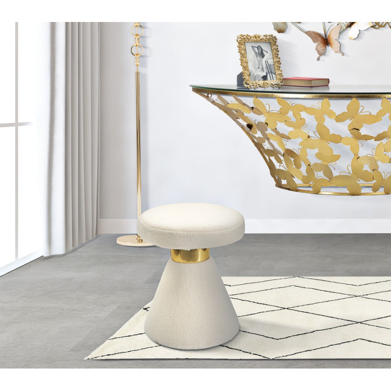 Table d'appoint moderne Ronde en Tissu Blanc crème Bouclette Métal Doré Iceland 