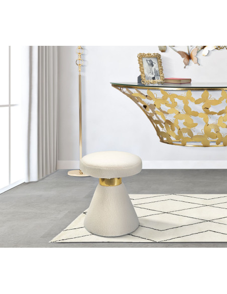Table d'appoint moderne Ronde en Tissu Blanc crème Bouclette Métal Doré Iceland 
