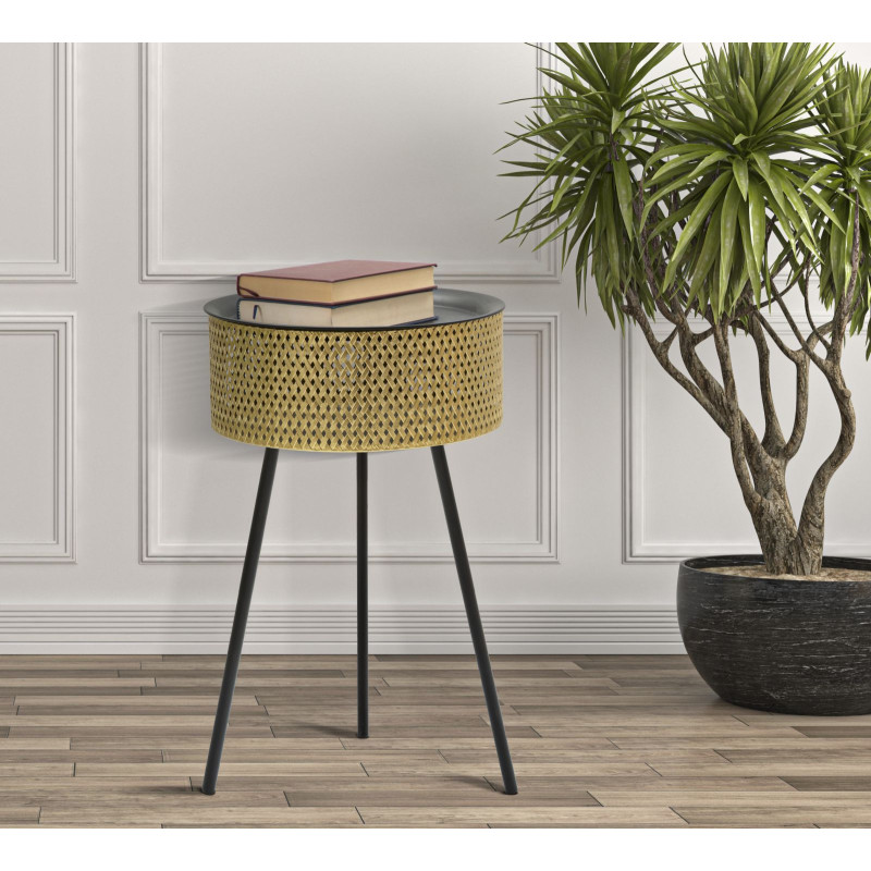Table d'appoint moderne avec rangement Ronde 40 cm en Métal Doré Glovy 