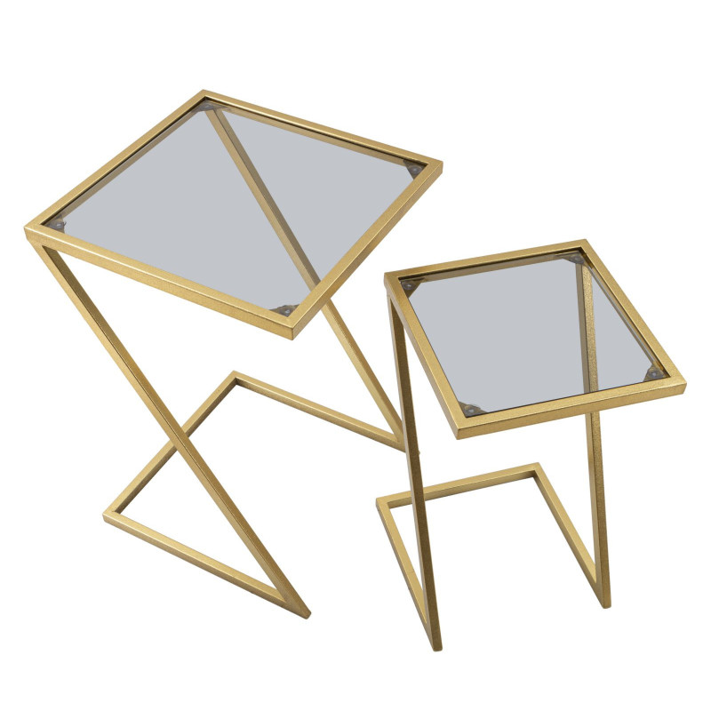 Bout de canapé moderne Carrée en Métal Doré Verre (Lot de 2) Z 