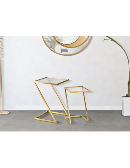 Bout de canapé moderne Carrée en Métal Doré Verre (Lot de 2) Z 